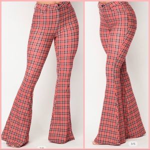 Pink Plaid Bell Bottom Jeans / 36” Inseam